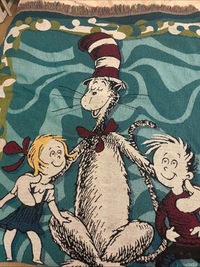 Dr. Seuss Cat in the Hat Woven Throw Blanket - Teal Background